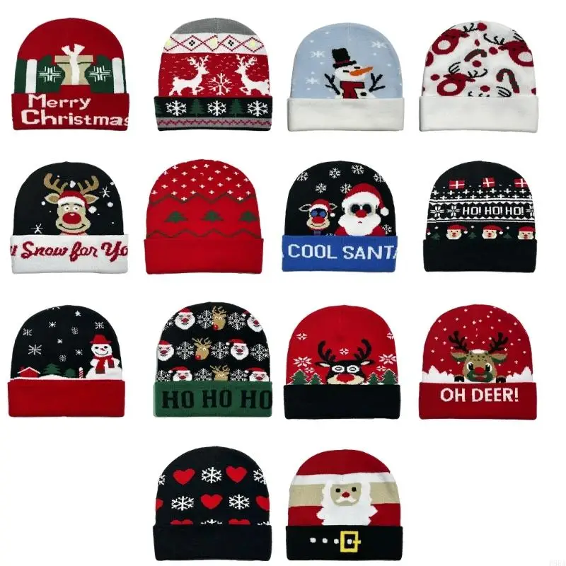 

P88A Knitted Santa/Reindeer Print Hat Seasonal Festival Hat Adult Kids Christmas Hat