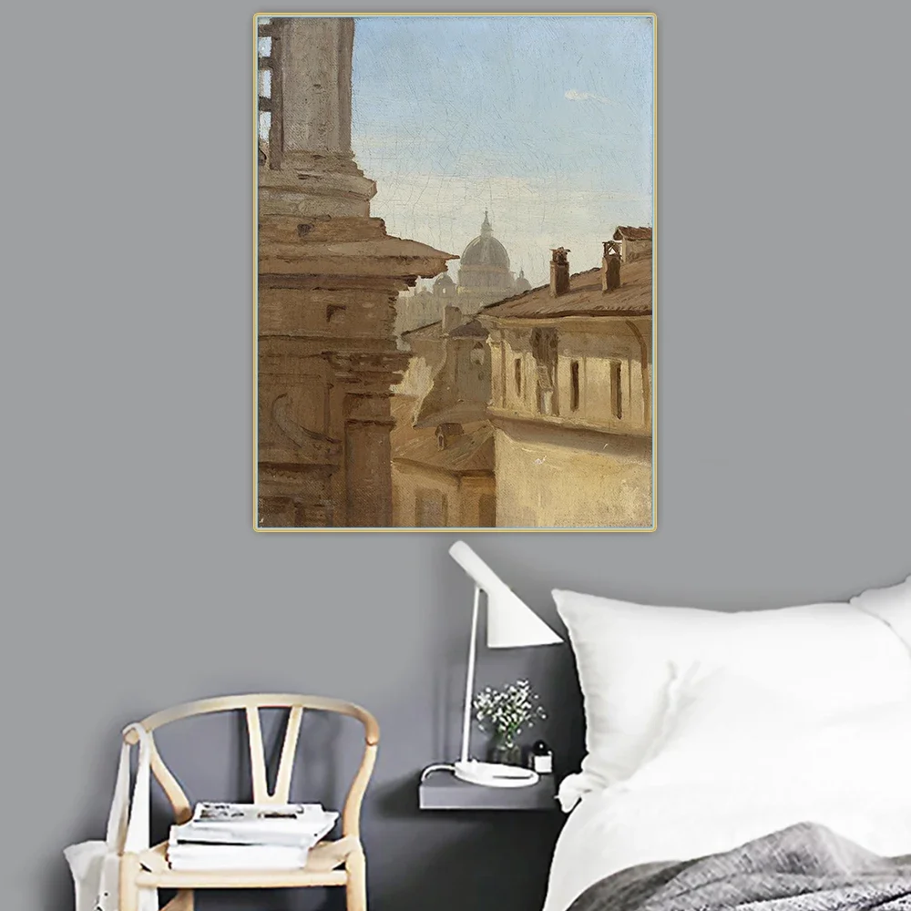 Citon Jean Baptiste Camille Corot《View of the rooftops of Rome with St. Peter's Basilica》Canvas Oil painting Home Decoration