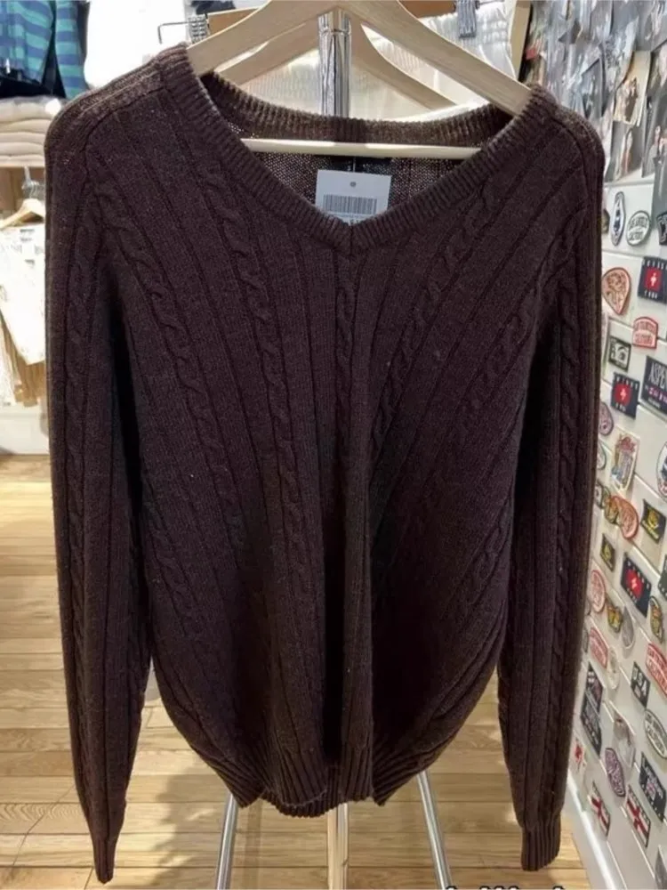 Vintage Brown Twist Knit Sweater Cotton Blend Warm V-neck Streetwear Damski Pullover Loose Harajuku Y2K Winter Top Woman New — zdjęcie 2