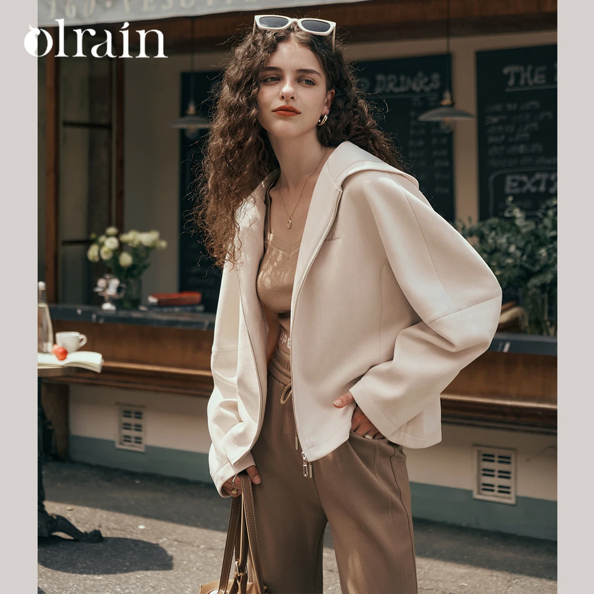 

OLrain Women's Hooded Jacket Casual Loose Short Coat 2025 Spring Zip Up Long Sleeve Woman Outerwear Female Clothes O23QW85011