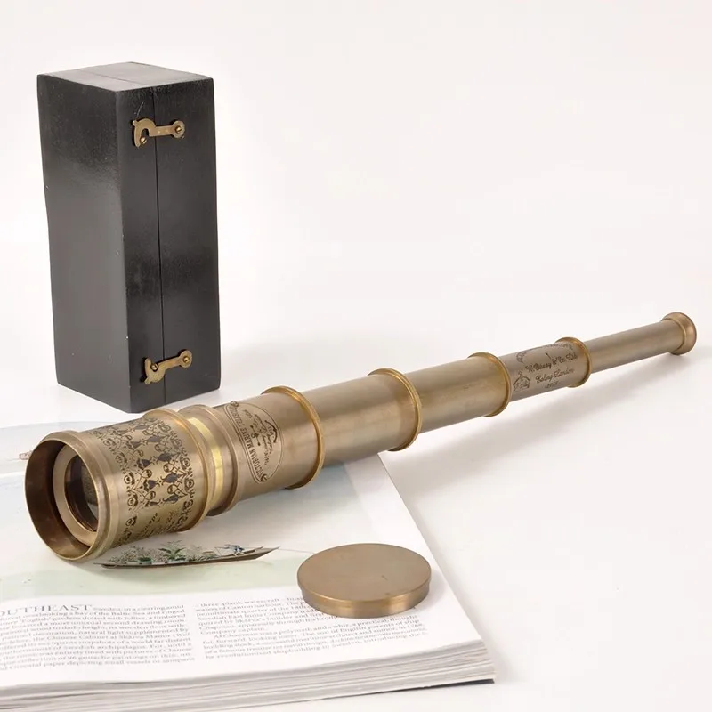 Vintage Nautical Brass Telescope Crafts- Antique Style Extendable Spyglass, Home Decor Collectible with Wooden Storage Box