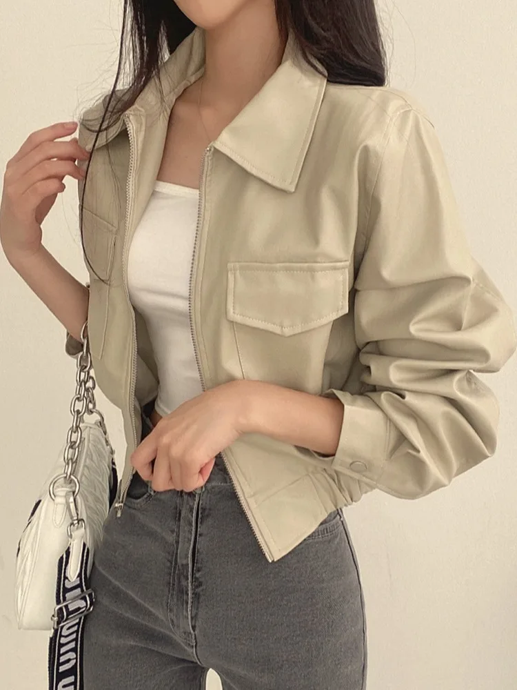 Retro Hong Kong Sle Chic Bla PU Leather Jaet ort Coat Women's Faion Small Size Turn-down Collar Zipper Sve Long