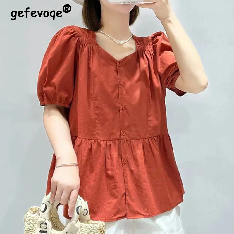 

Women's Clothing Summer Trendy Ruffle V Neck Short Sleeve Shirt Casual Solid Loose Chic Blouse Y2K Kawaii Streetwear Cotton Tops