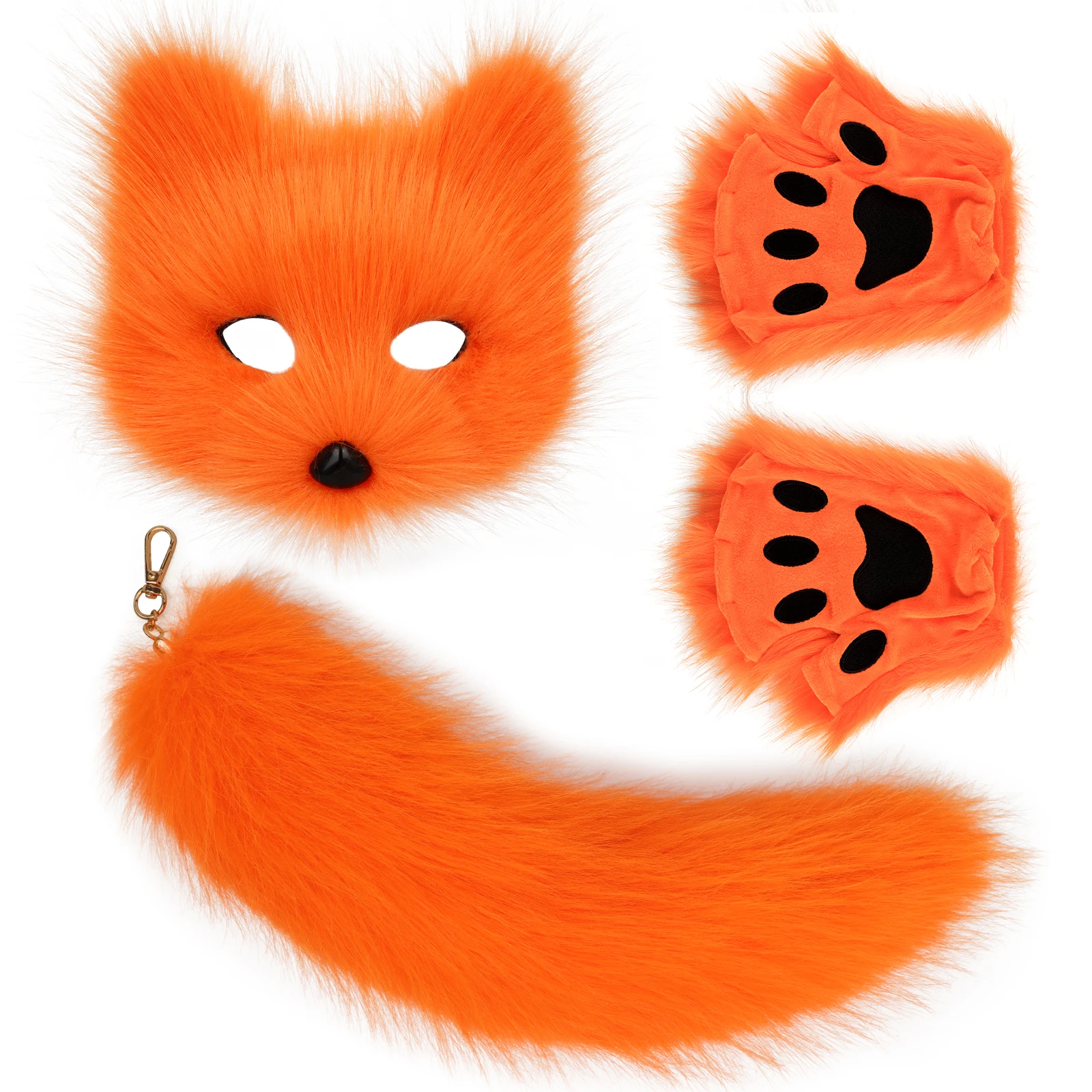 Fluffy Fur Fox Tail Keychain Cat Paws Gloves and Wolf Therian Mask Set for Halloween Cosplay Costume Accessories