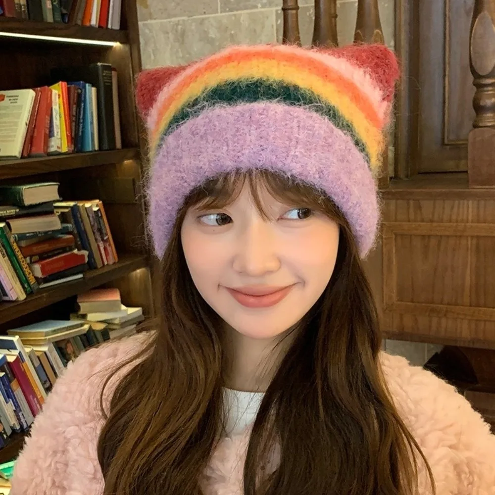 

Cute Colored Cat Ears Pullover Hat Rainbow Gradient Striped Bucket Hat Warm Japanese Style Woolen Knitted Hat Autumn Winter