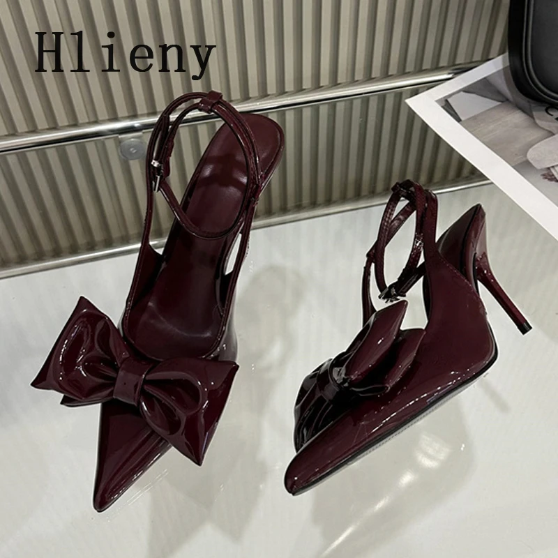 Hlieny vin rouge bride à la cheville talons aiguilles pour femme en cuir verni nœud bout pointu Slingbacks talons hauts sandales femmes pompes chaussures