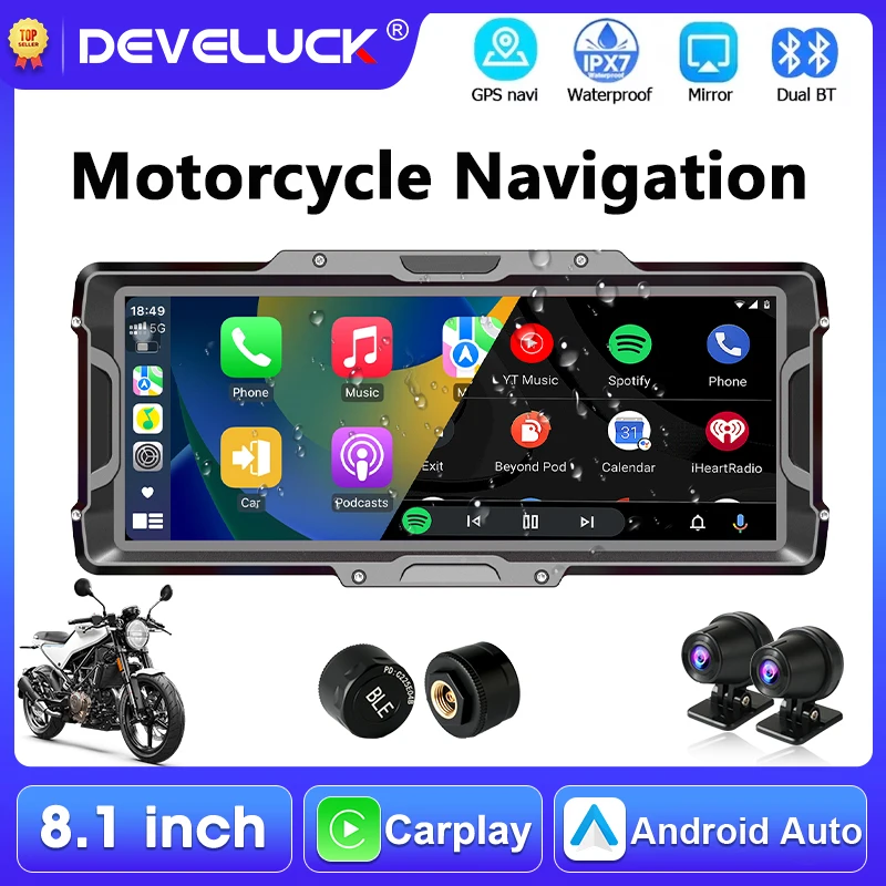 

8,1-дюймовый мотоциклетный GPS-навигатор с беспроводным CarPlay и Android Auto, двойным Bluetooth 5.0, водонепроницаемый дисплей IPX7, поддержка камеры 2K