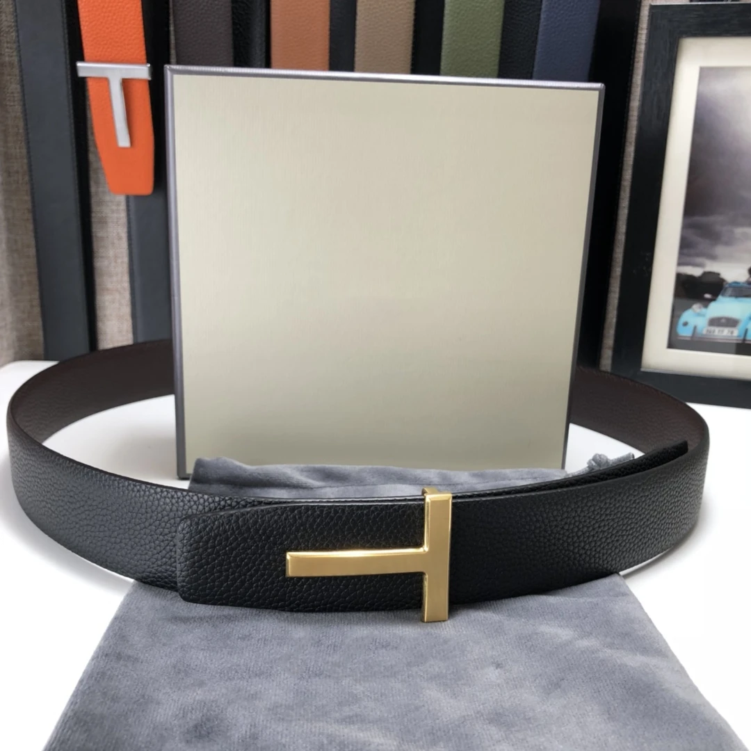 High Quality Luxury Goods Designer Men cowhide T-shaped Reversible Buckle Belt With Double-sided Use T Buckle Gift Box T09