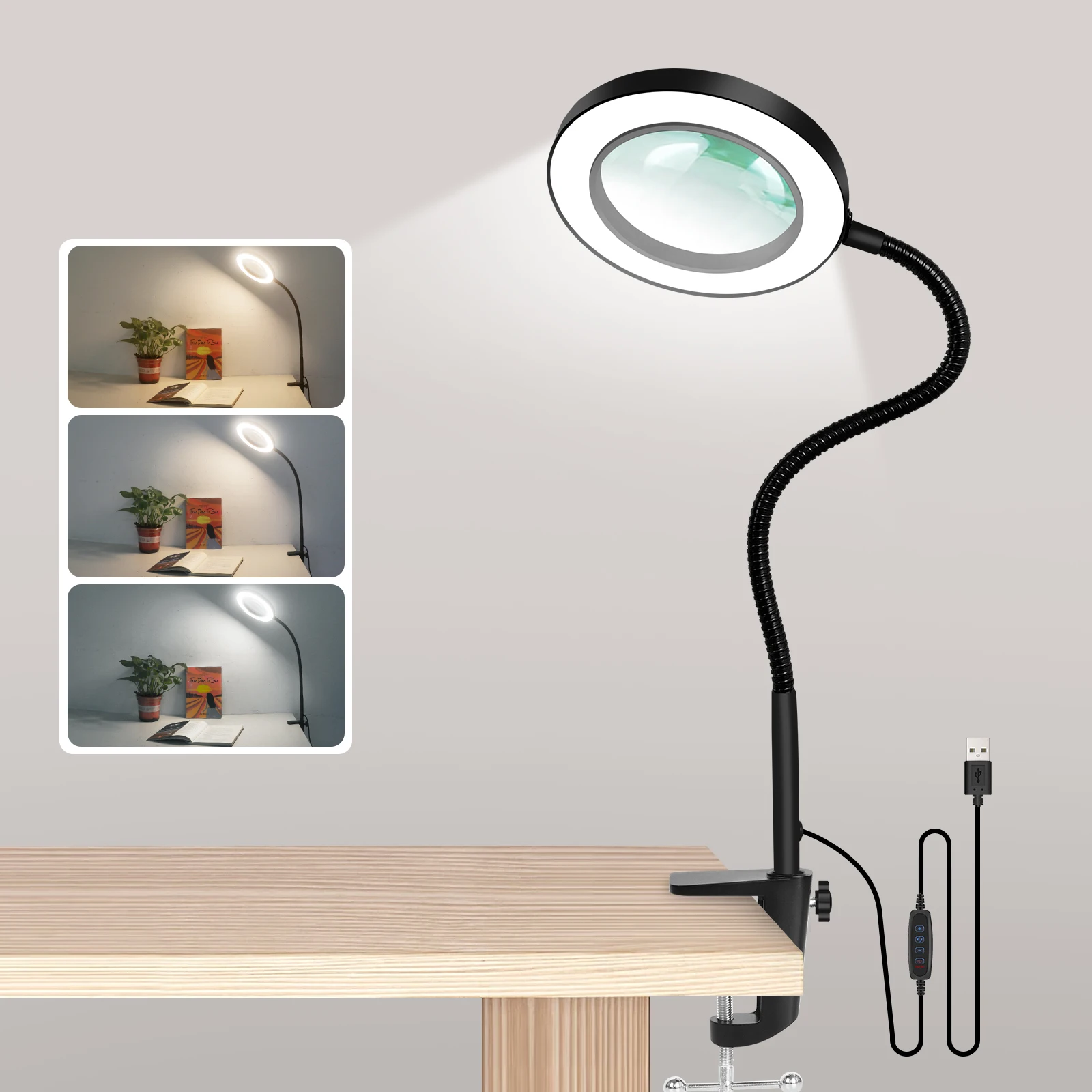 NEWACALOX USB 5X Magnifying Glass Table Clamp Magnifier with LED Light Flexible Desk Lamp for Reading Working Welding Work