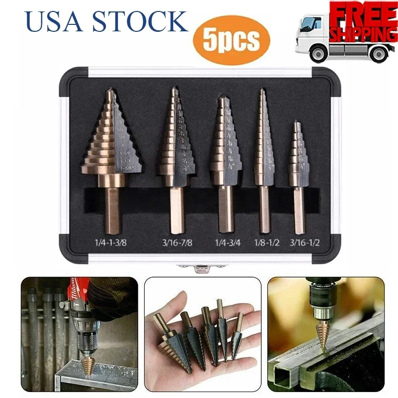 

HSS 5PCS Titanium Step Drill Bit Set 50 Sizes in 5 High Speed Steel Drill Bits Cone Core Drilling Hole Cutter Tool Perforator