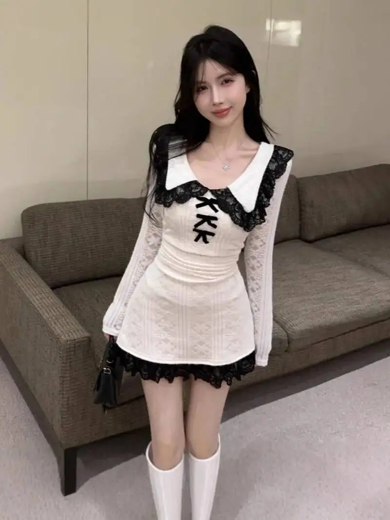 

Модное платье Дизайн Sense Temperament Spicy Girl с рюшами и лацканами с длинными рукавами, облегающее бедра, контрастное кружевное платье, элегантное IW52