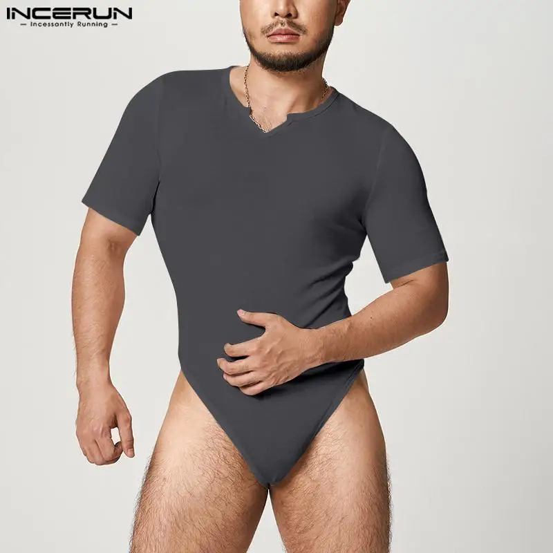 Bodysuits masculinos cor sólida com decote em v manga curta pijamas sexy homewear macacão 2024 moda fitness masculino bodysuit incerun plus size