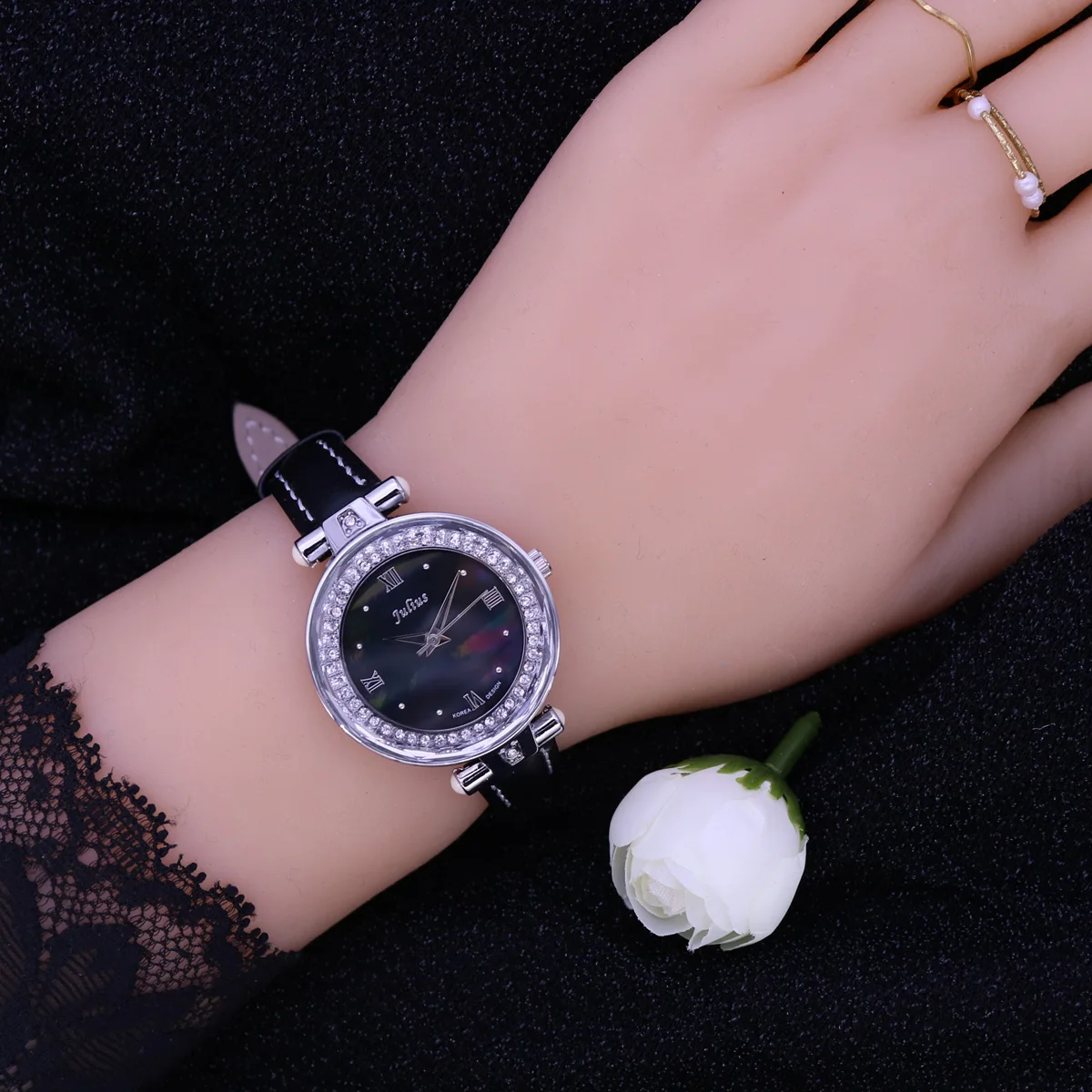 Small Rhinestones Julius Lady Women's Watch Mother-of-pearl Japan Quartz Fashion Hours Bracelet Leather Girl's Gift No Box