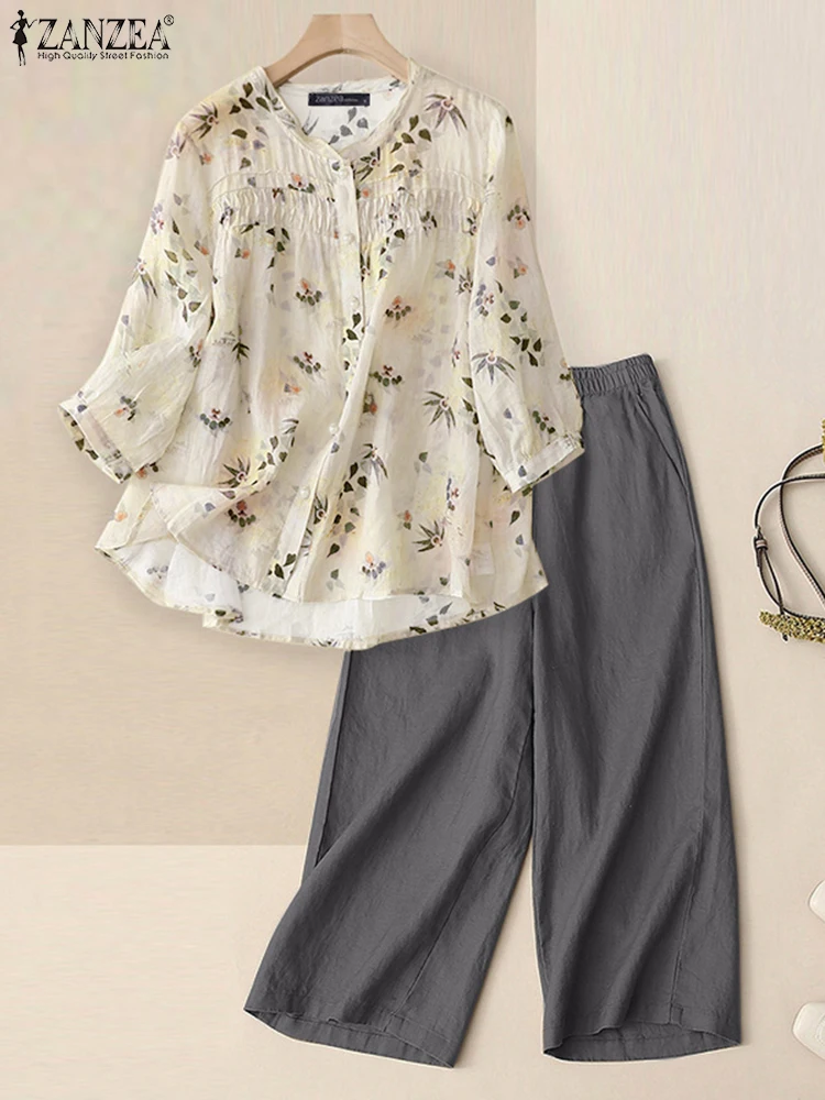 ZANZEA-Conjuntos de pantalones de moda informales para mujer, camisas con estampado Floral de manga 3/4 y pantalones largos con cintura elástica, trajes de 2 piezas, otoño 2025