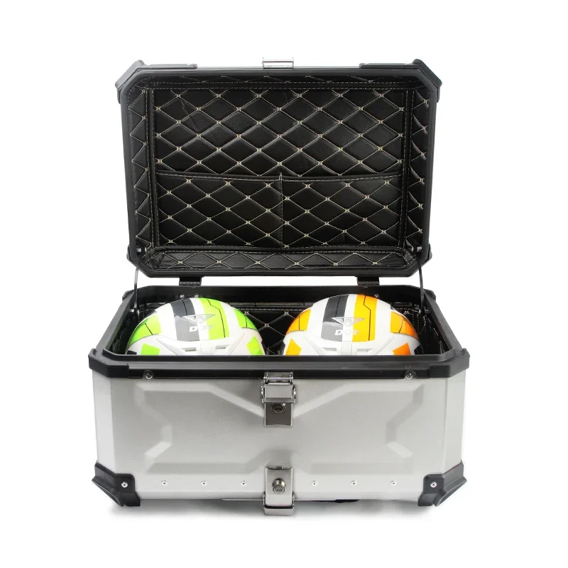 

65L Motorcycle Universal Embossed 45L 55L Aluminum Alloy Trunk Large Storage Box Luggage Top Case Tail Back Food Delivery Box