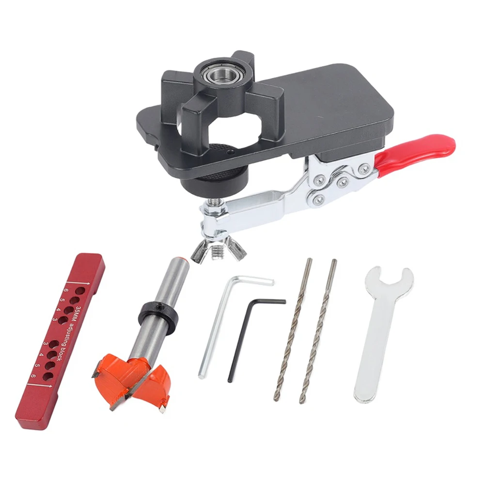 

Cabinet Hinge Jig 35mm Concealed Hinge Drilling Set with Aluminum Alloy Hole Puncher Tool for Woodworking Door Applications