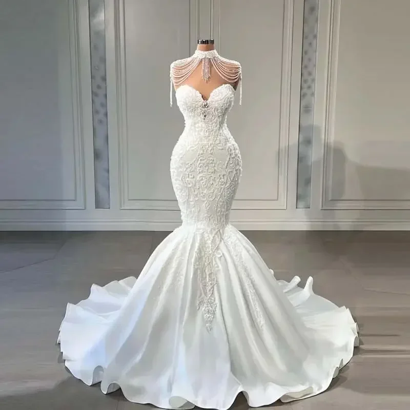 

Свадебные платья-труба с индивидуальным дизайном, пайетками и бахромой, элегантные свадебные платья-русалка из атласа с бисером, свадебные платья для невесты.