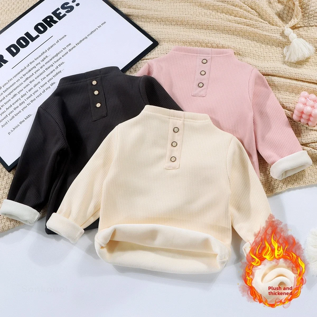 Fleece-gefütterter Baby-Body für Kleinkinder, Winter, dick, halber Hals, Thermo-Unterhemd, einfarbig, warme Basisschicht für Babyjungen und -mädchen – Detail 1