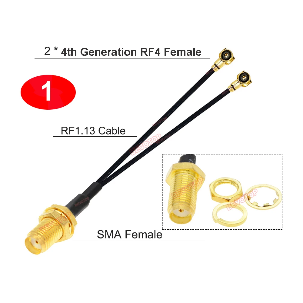 100PCS/LOT SMA to IPX Splitter RP-SMA / SMA Male Female to 2 x 4th Generation RF4 Female RF1.13 Pigtail Extension Jumper BEVOTOP