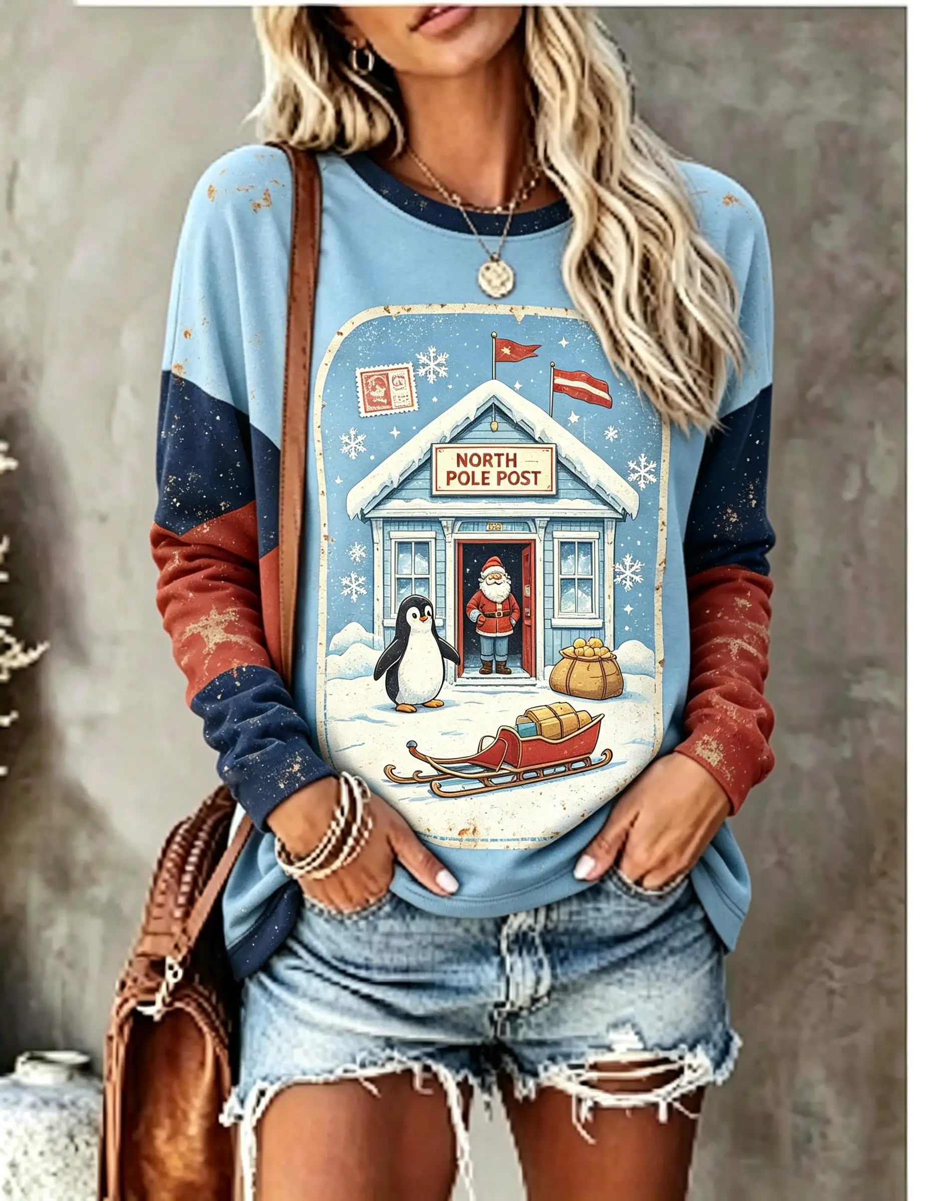 Women Long Sleeve T‑Shirt Christmas Gingerbread Man Candy Factory Conveyor Belt Color Block Print Crew Neck Casual Tops - view 2