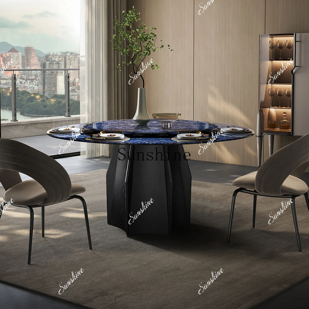 Home Modern Simple Italian Solid Wood Marble Round Dining Table with Turntable  FT