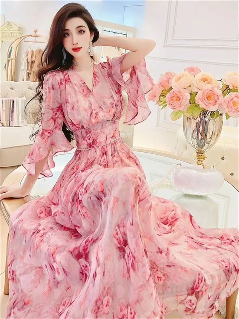 Sweet and Elegant Fragmented Flower Dress 2024 Summer New Women\'s Slim Fit and Skinny Lotus Leaf Sleeves Over Knee Long Dress S9