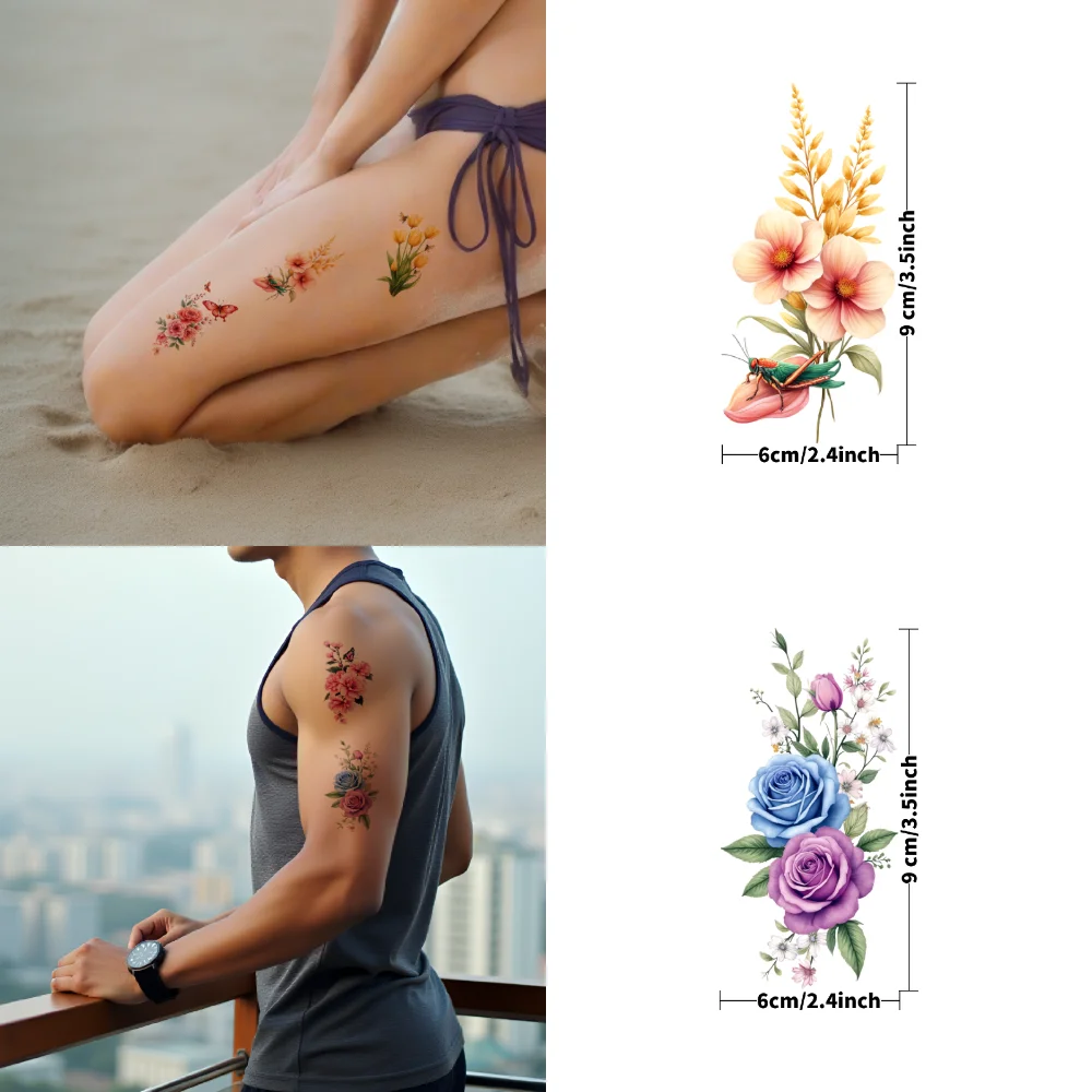 9pcs 임시 문신 푸른 꽃 임시 문신 스티커 오렌지 꽃 튤립 뒤 성인을위한 다채로운 혼합 꽃