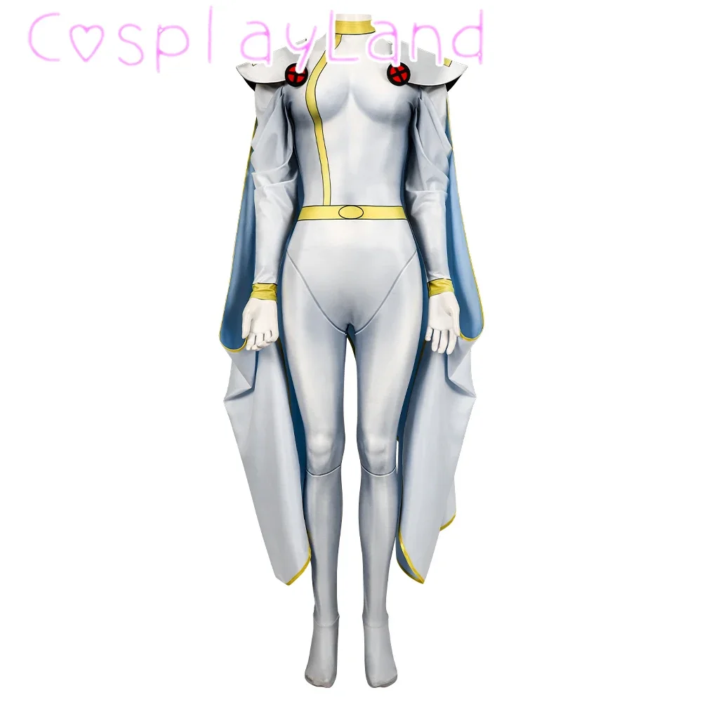 Volwassen Vrouw Witte Storm Cosplay Kostuum Lycar Hoge Kwaliteit Superheld Zentai Halloween Carnaval Bodysuit Jumpsuit Mantel