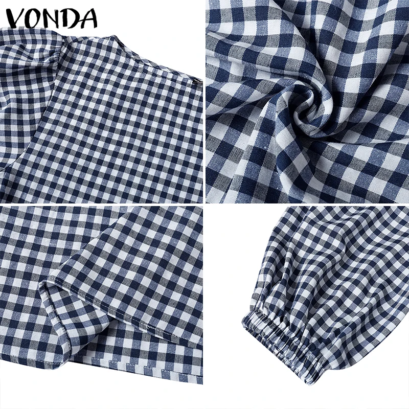 VONDA de talla grande 5XL, blusa elegante a cuadros de verano para mujer, camisas sexis, Tops de moda, Blusas holgadas informales de manga corta abombada para mujer