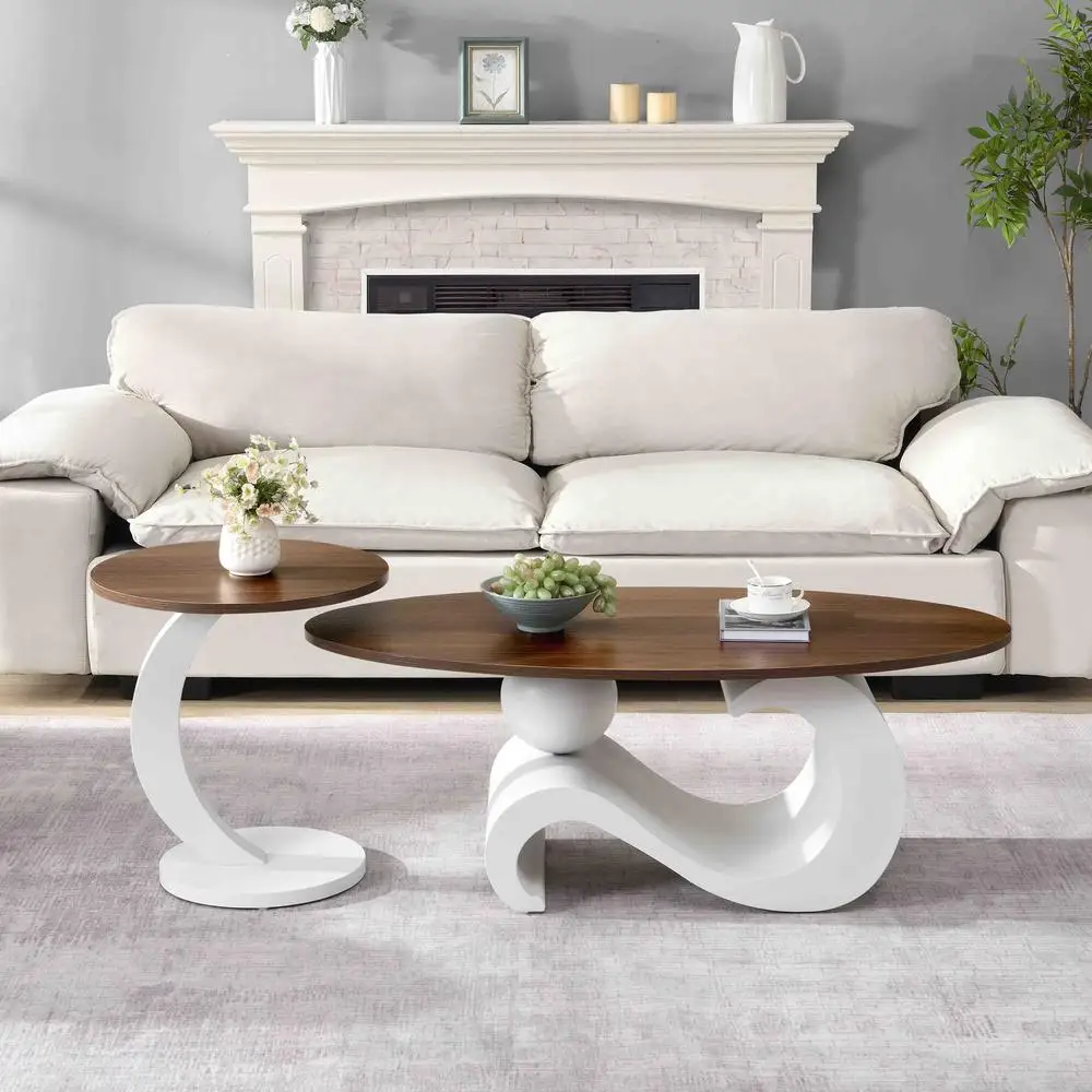 

White Nesting Coffee Table Set 2 Oval Round MDF Top Metal Curve Base Living Room Furniture Large 47.24 Inch