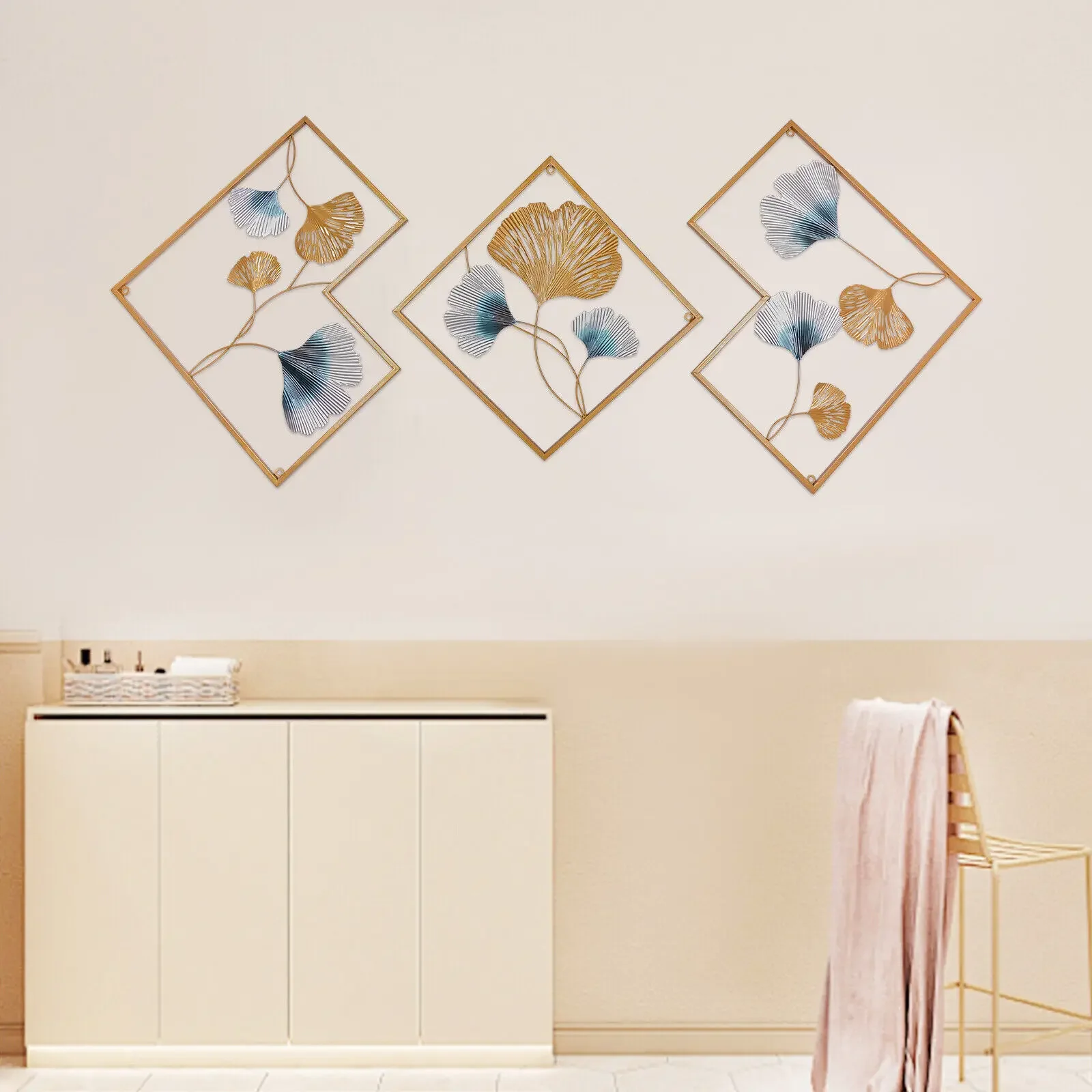

3Pcs 164 x 70.5 cm Metal Wall Art Hanging Sculpture Decor 3D Ginkgo Gold & Blue