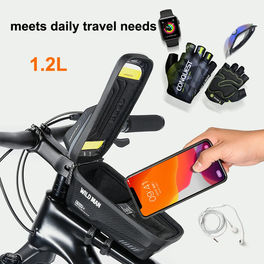 WILD MAN New Bicycle Bag Bicycle Waterproof Phone Case Holder Front Tube Touch Screen Bag Mountain Bike Bicycle Accessories