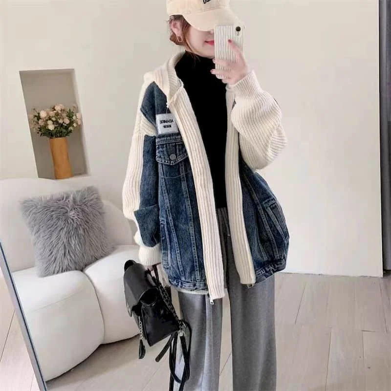 Sweaters Knitted Cardigans for Women Loose Casual Vintage Oversized Denim Patchwork Coats Korean Style Long Sleeved Women Tops