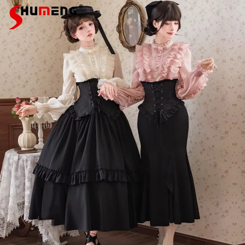 

New Japanese Original Lolita Daily Fake Two-Piece Waist Cincher Long Skirt Y2k Black Lace-up Slimming Fishtail Skirts For Women