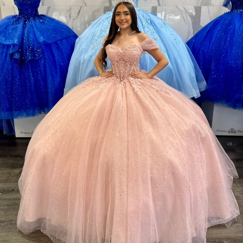 

Розовое блестящее платье принцессы Quinceanera, бальное платье с открытыми плечами, кружевное корсет с бусинами, милое платье 16, Vestidos 15 De XV Anos