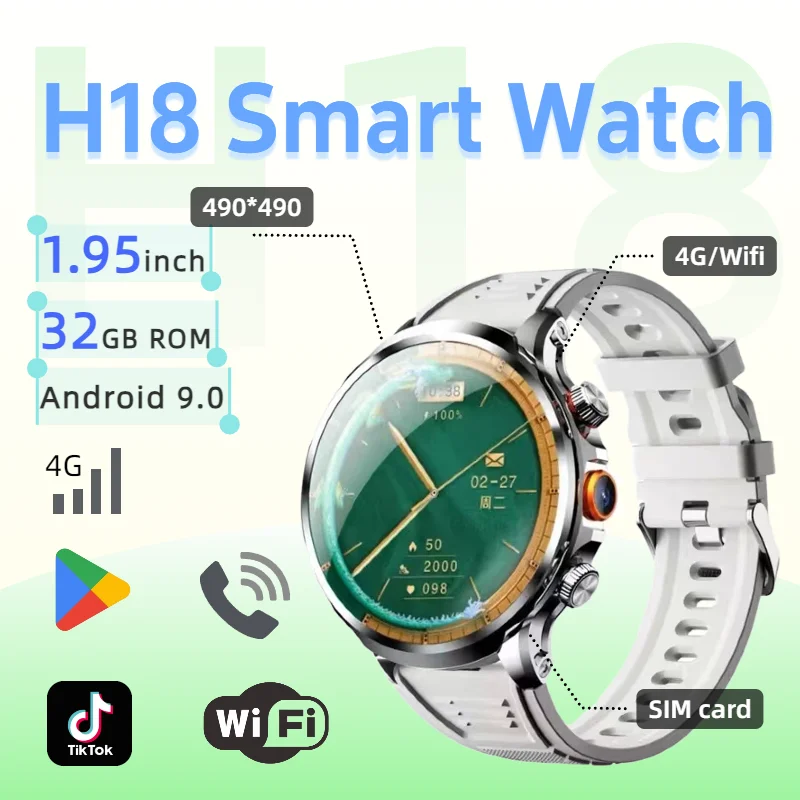 

H18 Smart Watch Support SIM Card 4G NET GPS WIFI with 1.95'' Large Spherical Screen HD and Side 5MP Camera