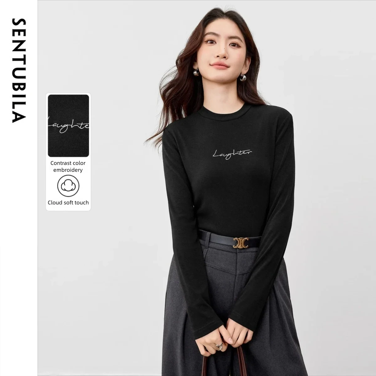 SENTUBILA Long Sleeve T-shirt Woman 2026 Simple Commuting Round Neck Contrasting Letters Embroidered Slim Fit Red Tops 153SF3034
