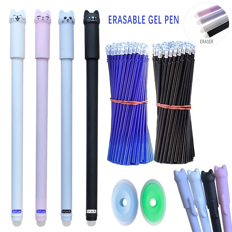 56pcs/set Creative Cat Erasable Gel Pens Set 0.5mm Magic Ink Blue Black Pen Writing School Office Supplies Stationery