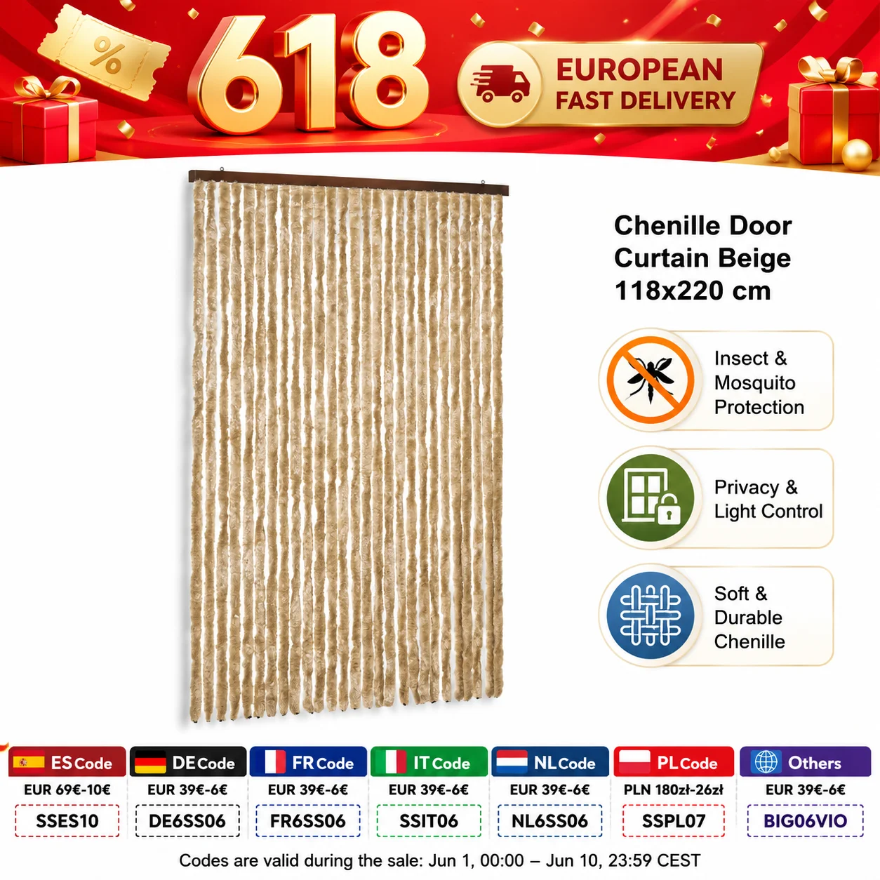 Chenille-Vorhang Beige 118x220 cm, Türvorhang zum Schutz vor Fliegen und Mücken, Sichtschutz, weich und langlebig, für Zuhause, Wohnmobil, Wohnwagen, Innendekoration