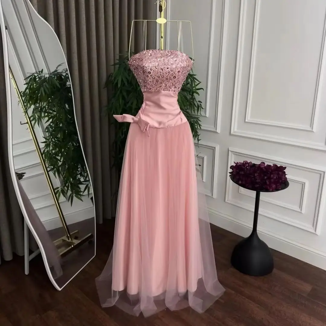 

Sparkly Pink Strapless Long Bespoke Occasion Gown Evening Dresses Pastrol Unisex Jersey Retro Dubai Saudi Arabic Prom Customized