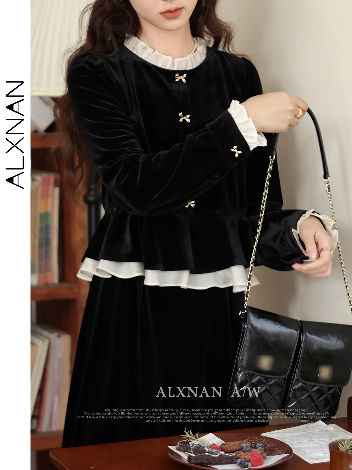 ALXNAN Black Fake 2 Piece Velvet Dress for Woman 2024 Autumn Winter Elegant Patchwork Long Sleeve Dress Sold Separately L33017