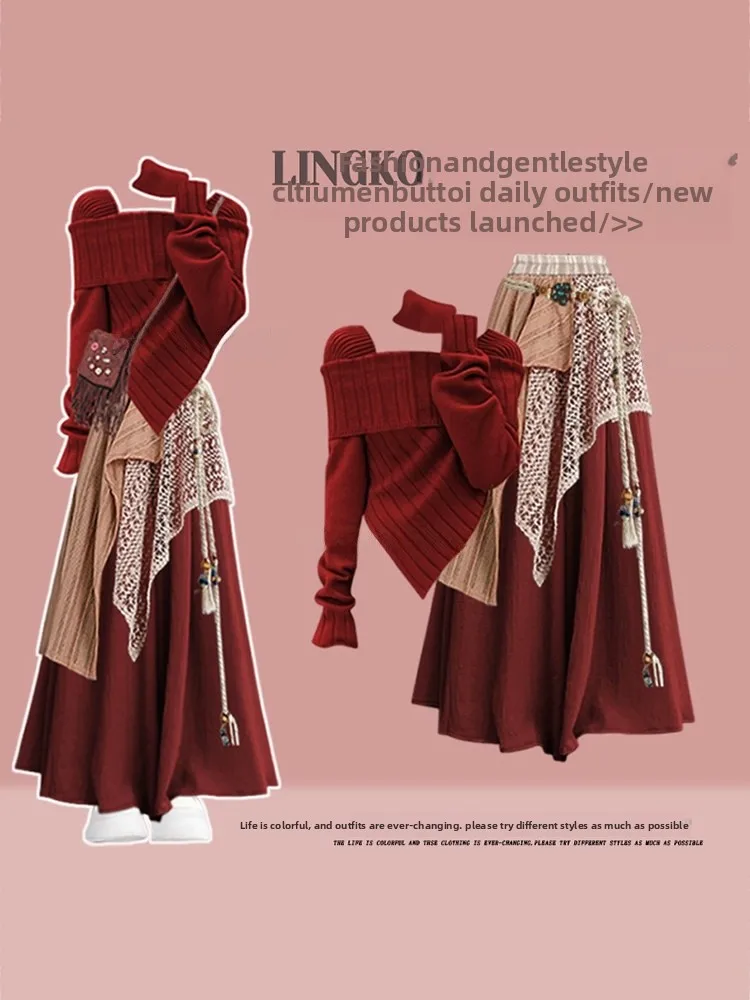 Cisas Red plus Size Autumn Winter Casual Knitted Sweater And Slimming Skirt Tee Piece Set for Women Anti-Aging Trendy