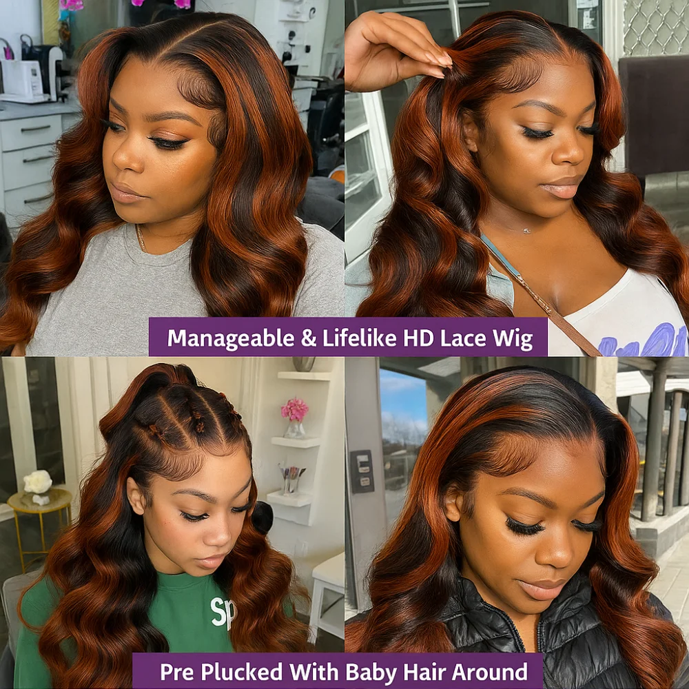 # 4/350 destaque 5x5 perucas frontais do laço perucas sem cola destaque gengibre marrom onda do corpo perucas de cabelo humano com cabelo do bebê para mulher