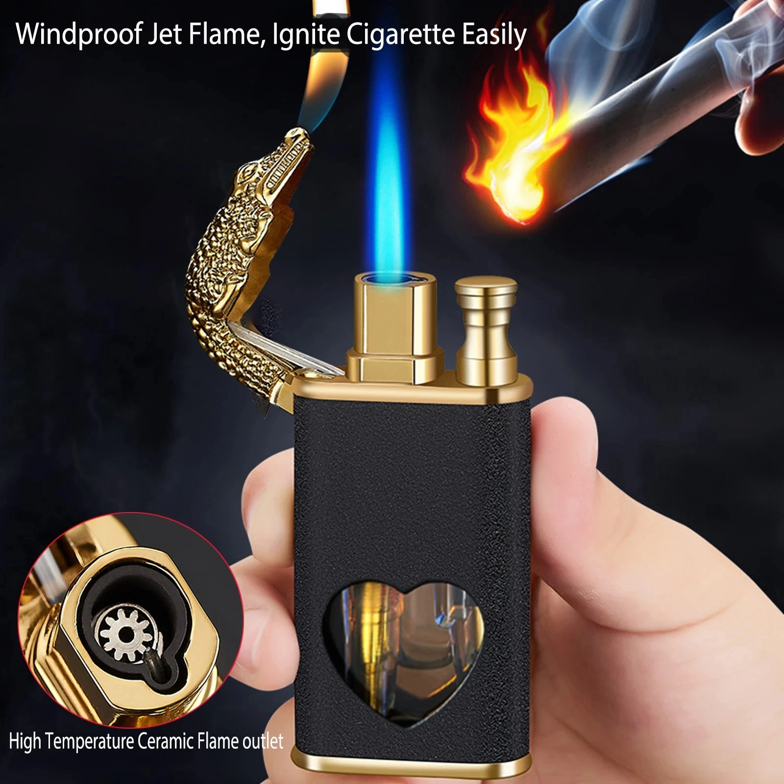 

Windproof Double Flame Conversion Lighter Metal Visible Gas Window Lighter Inflatable Butane Crocodile Lighter Men's Gift