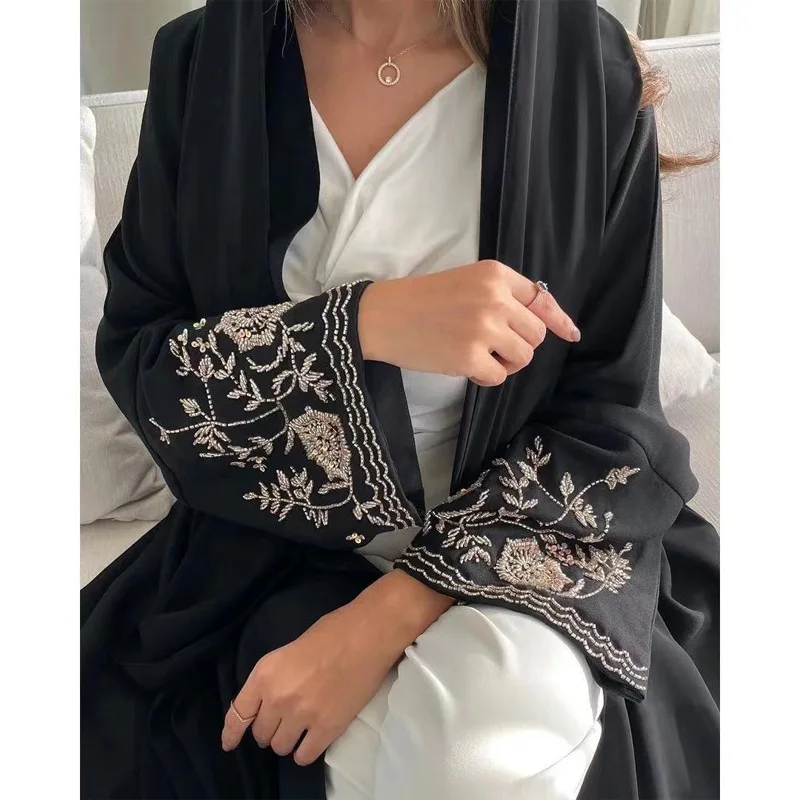 

Fashion Embroidered Elegant Dubai Women Abaya Dress Long Sleeve Loose Open Front Robe Middle East Style