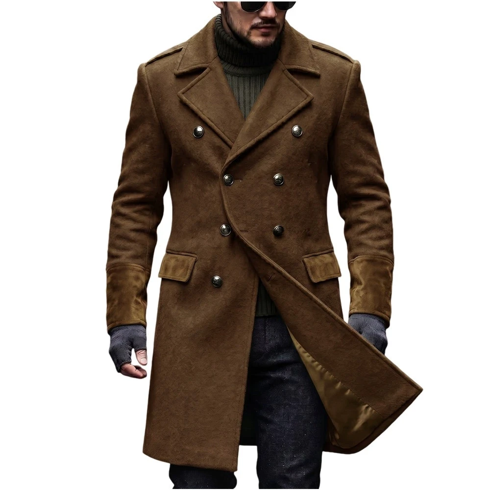 Autumn Winter Men Burgundy Double Breasted Woolen Overcoat Notched Lapel Spliced Cuff Design Mid‑Long Warm Male Business Outerwe