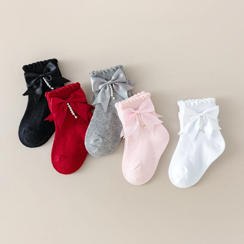 0-4Y Baby Girls Summer Cute Kawaii Socks Ruffle Ankle Breathable Toddler Dress Socks with Beaded Pearl Tassel