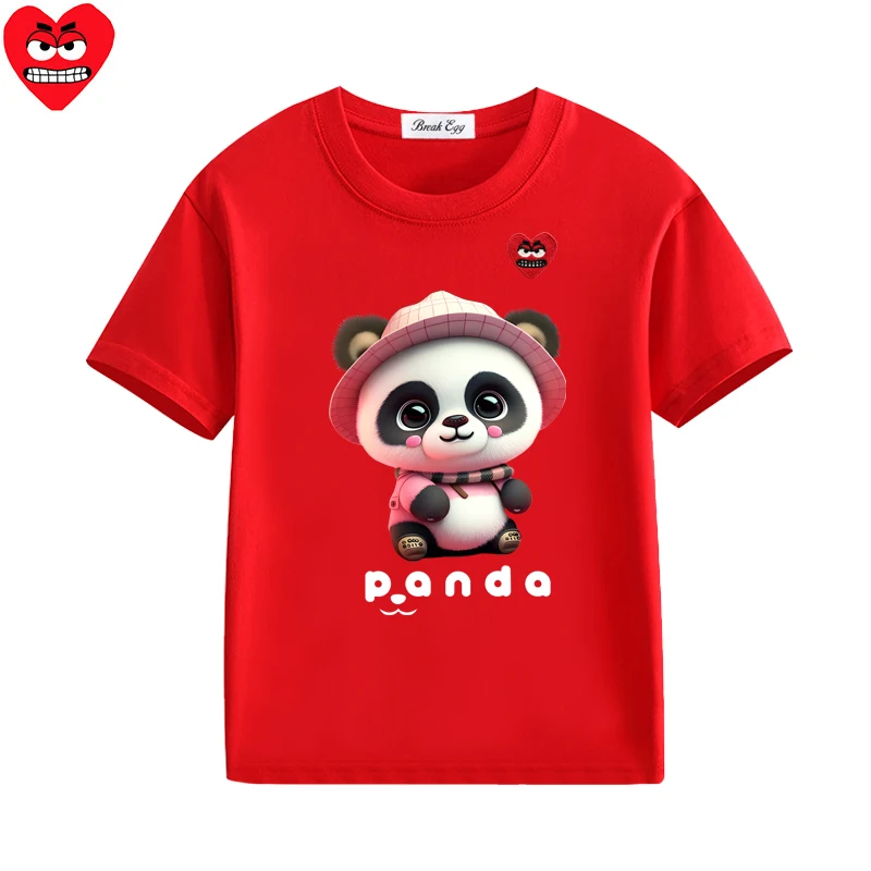 Pink Cute Panda Printing Boy Girl T-shirt Cotton Cartoon Snag Heart Embroidery O-neck Short-sleeved Kid Straight Summer T-shirt