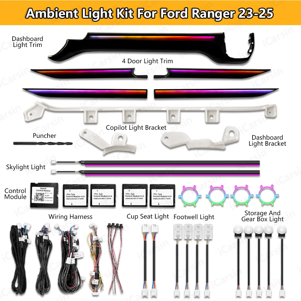 

Dynamic 64 Colors Ambient Light for Ford Ranger Raptor 2024 RHD/LHD Car Interior LED Lighting Upgrade Accessories