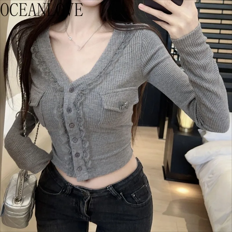 

OCEANLOVE Lace Patchwork T Shirt for Woman Ruffles V Neck Vintage Sexy Ropa De Mujer Korean Fashion Basics Short Tees